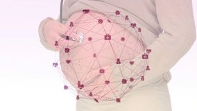 Woman sliding stethoscope on pregnant belly, activating medical pulsing icon network around abdomen. Patient, maternity, healthcare, telemedicine, medical technology, digital health, wellness - Powered by Shutterstock - Get 15% off with code: PIKWIZARD15