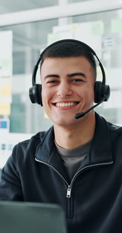 Face, smile and support with man in call center for consulting, help or virtual assistance. Advice, communication and headset with happy agent in customer service office for feedback or solution
