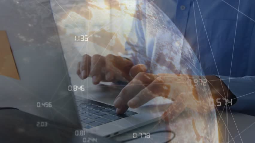Man typing on laptop and unveiling digital globe with numeric data grids for technology analysis. Technology, digital networking, data visualization, innovation, corporate, professional, futuristic