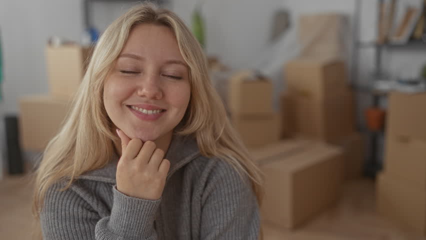 Woman smiling in a living room filled with moving boxes suggesting new home and fresh beginnings in a cozy indoor setting, blonde hair and youthful appearance indicating excitement.