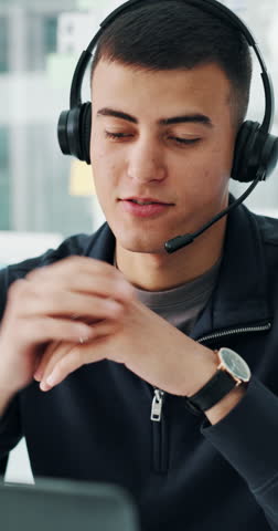 Computer, technical support and man talk in call center for troubleshooting, contact us or help desk. Headset, consultant and speaking for customer service, software feedback or IT solution with crm