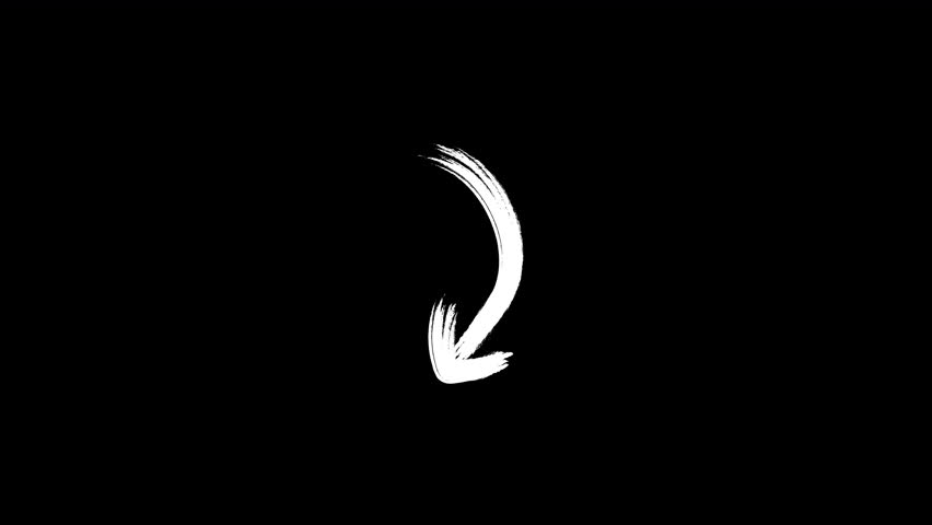 Simple white curved arrow pointing downward on black background. Ideal for presentations, infographics, and web designs, featuring a minimalistic white downward arrow on a sleek black backdrop.