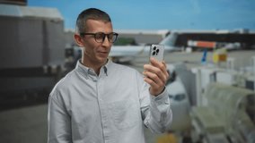 Man smiling during smartphone video call at airport terminal with airplane in background, showcasing travel and technology in a public outdoor setting. - Powered by Shutterstock - Get 15% off with code: PIKWIZARD15
