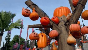 Pumpkin monsters in various faces and sizes, including cat monsters decorating a trunk, are used for Halloween. - Powered by Shutterstock - Get 15% off with code: PIKWIZARD15