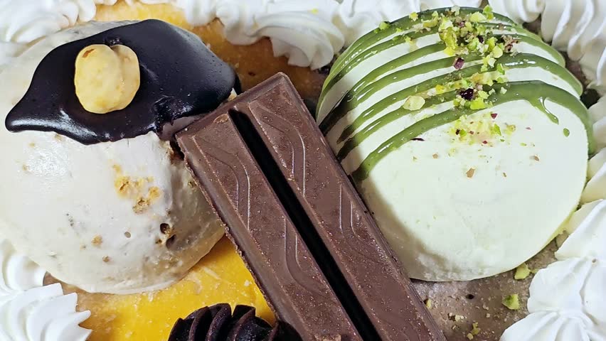 Ice cream cake of assorted and various flavors with a sponge cake layer within ice cream and whipped cream, Ice cream of mango, vanilla and chocolate, with pistachio ball and sauce and hazelnut ball