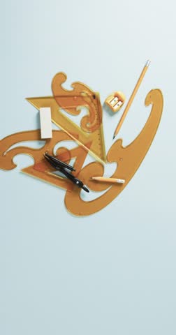 Vertical video of compass, pencil, sharpener, eraser and rulers on white background, slow motion. Geometry, design, learning and education concept.