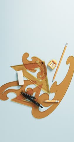 Vertical video of compass, pencil, sharpener, eraser and rulers on white background, slow motion. Geometry, design, learning and education concept.