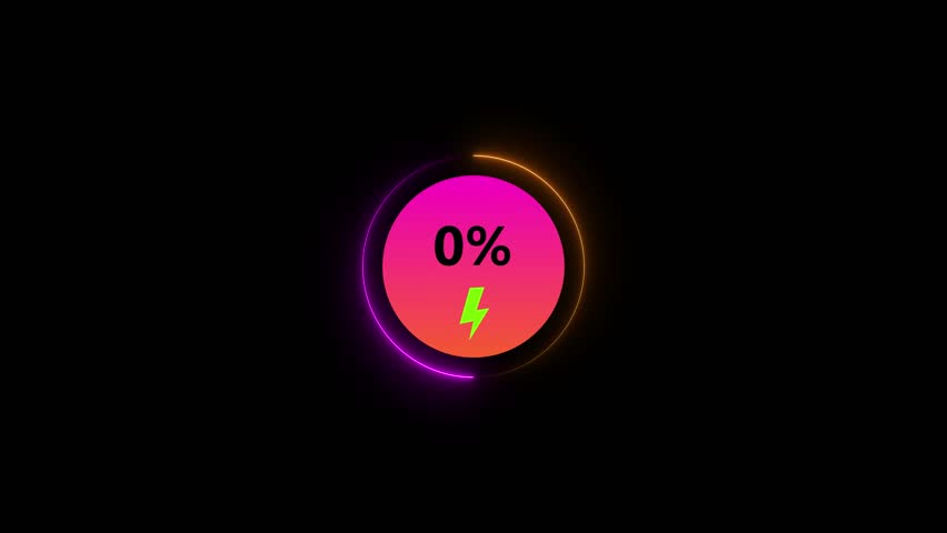 Neon Glowing loading animation counting from 0 to 74% percent. Charging screen 74% percent, screen call phone display charging battery on black background.