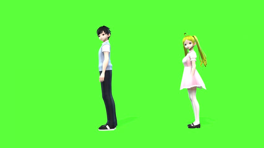 A high-resolution 3D CGI render of an anime-style male and female duo performing a dynamic dance sequence on a green screen.