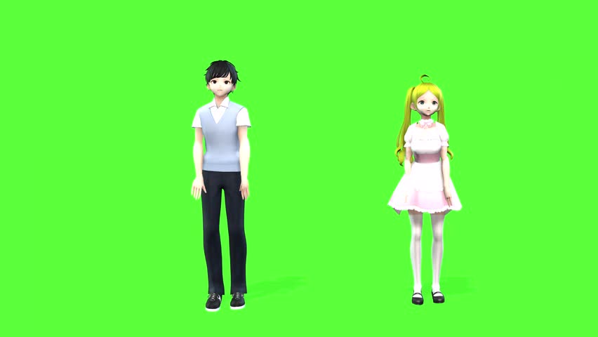 A high-resolution 3D CGI render of an anime-style male and female duo performing a dynamic dance sequence on a green screen.