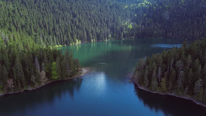 Black Lake in Durmitor National Park surrounded by dense coniferous forests, Aerial