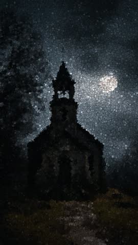 Old Abandoned Church with Tall Steeple and Cross Under Full Moon Surrounded by Leafless Trees in Gothic Scene, Animation Made of Cubes
