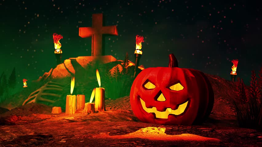 Halloween night shines with eerie pumpkin light. Halloween background video animation footage