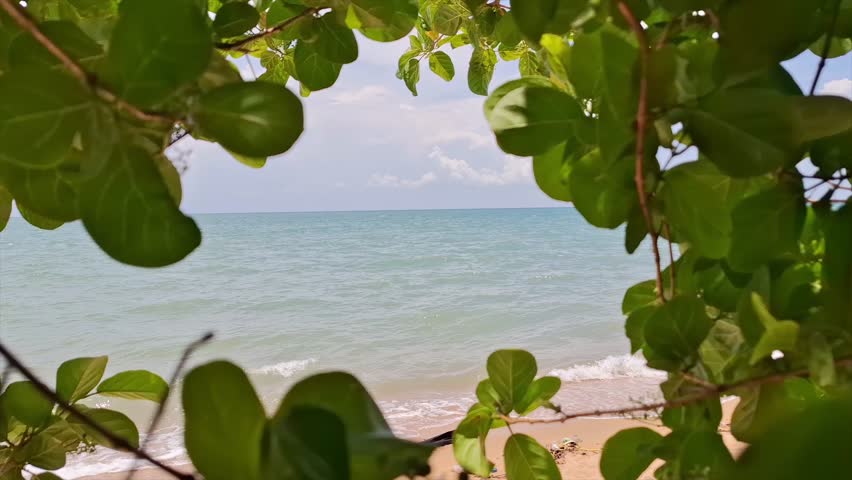A tropical beach seascape beautifully framed by green leaves, showcasing calm ocean waves, sandy coastline, and a bright sky at Tanjung Kalian.