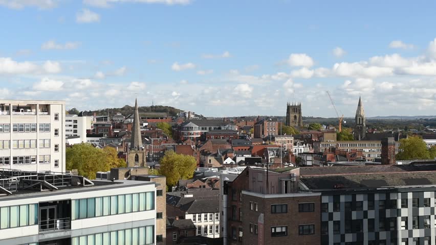Overlooking Nottingham city in the afternoon, showcasing the urban skyline, historic architecture and cityscape of Nottingham, England. Perfect for projects about UK cities or travel.