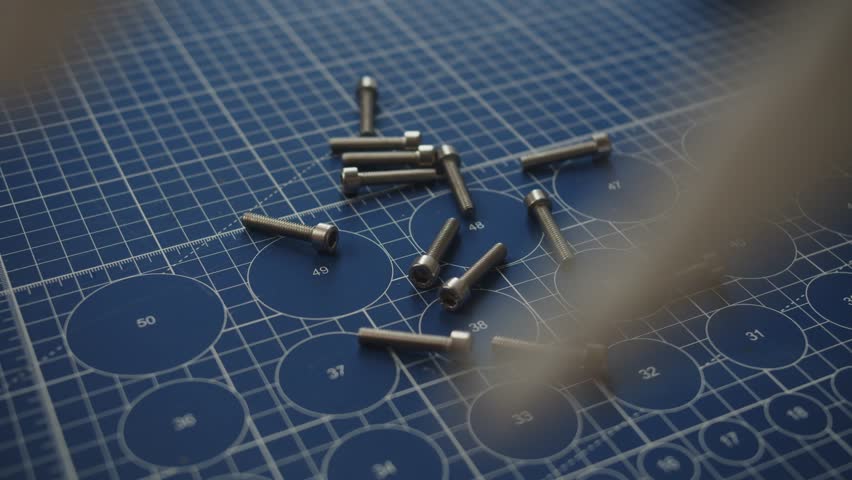 Metal screws scattered across a blue, patterned workbench surface.
