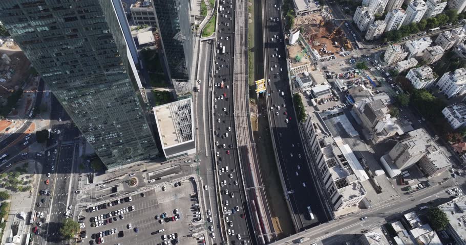 Ayalon Highway, Tel Aviv, Israel – 2025 – Aerial view of the main road leading into the city surrounded by skyscrapers and high-tech business district