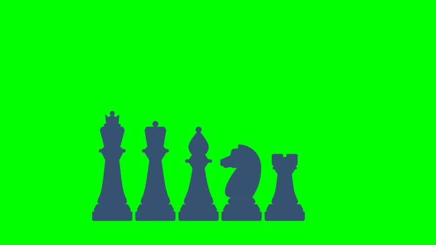 Chess pieces. King, queen, bishop, pawn, knight, knight, rook. Board game. Black silhouettes. Pawn falls from above. Outline set of chess icons for web design. 2D flat animation. Alpha channel