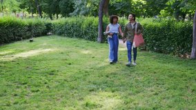 Happy interracial couple holding hands, walking in a park, and laying down a striped blanket on the green grass for a romantic summer picnic - Powered by Shutterstock - Get 15% off with code: PIKWIZARD15