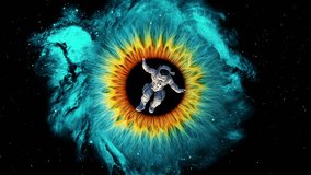 An astronaut and asteroids are drawn into the center of a nebula resembling a giant human eye. A huge eye-shaped nebula with an astronaut falling into a black hole. 4K video animation. - Powered by Shutterstock - Get 15% off with code: PIKWIZARD15