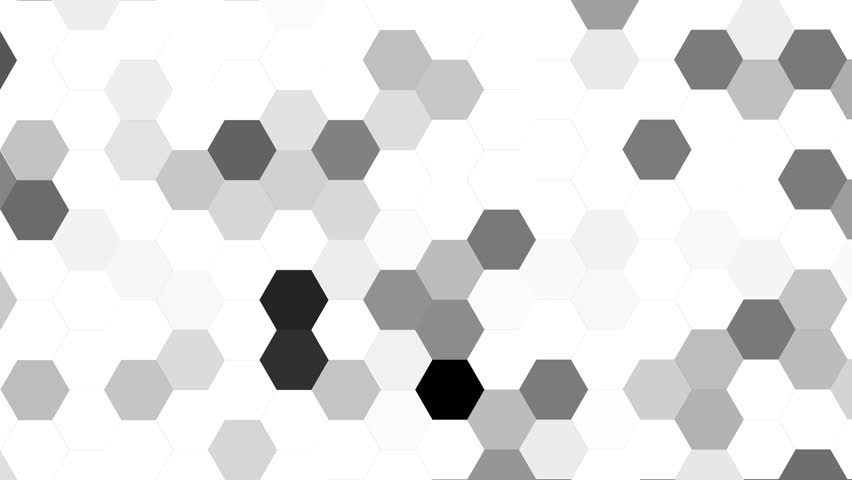 Abstract loopable monochrome honeycomb background, digital mosaic of blac white pulsating hexagonal tiles representing data flow, connectivity, or a technological grid