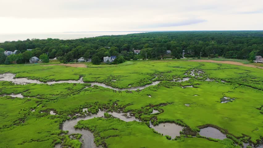 Aerial footage reveals vast marshland with reflective pools and winding creeks, where green grasses and sandy patches weave together into natural patterns visible only from above.