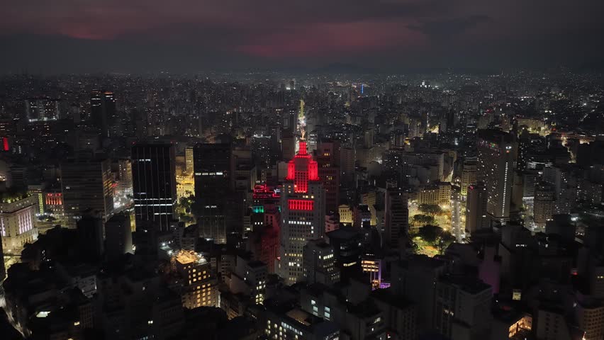Sao Paulo Skyline At Sao Paulo In Brazil. Illuminated City Landscape. Downtown City Scenery. Highrise Buildings. Sao Paulo Skyline At Sao Paulo In Brazil. Tourism Postcard.