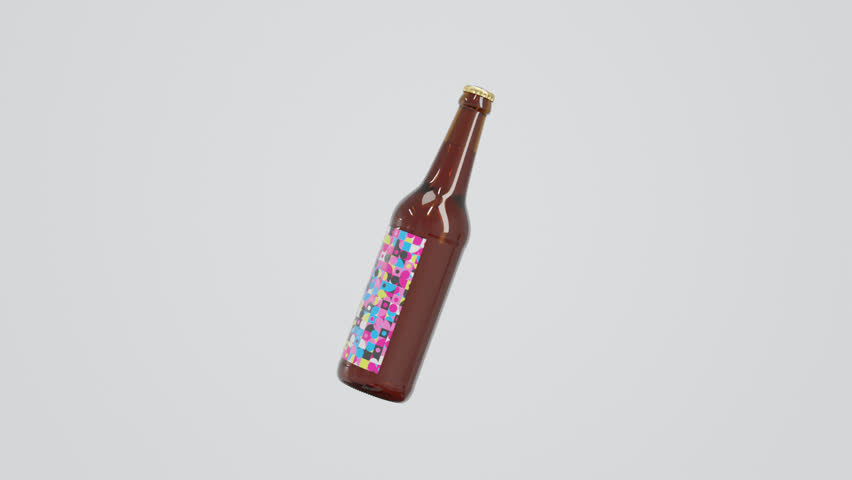 3D abstract background showing a brown glass beverage bottle rotating on white surface with geometric label pattern and soft light reflections, modern minimal product visual