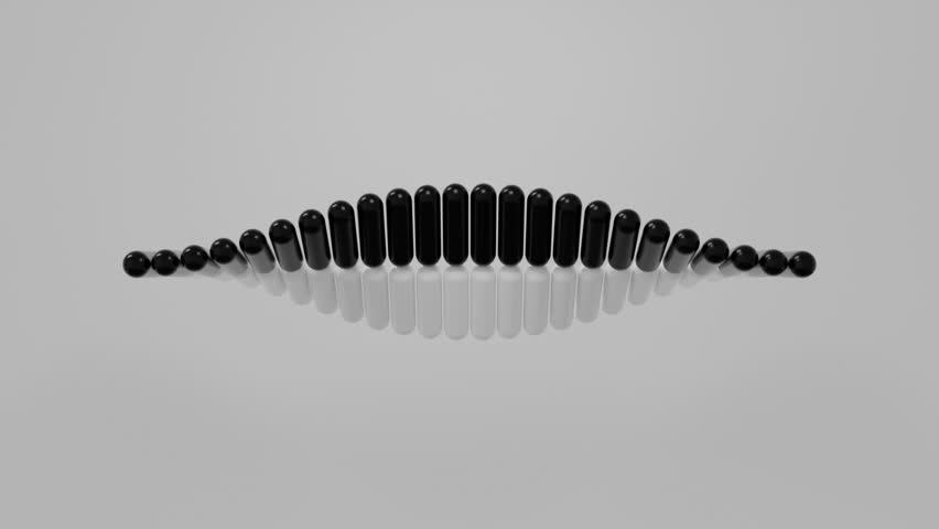 3D abstract background showing pairs of black and white capsules aligned in a linear pattern, rotating in a rhythmic wave movement on a white backdrop for clean modern digital compositions