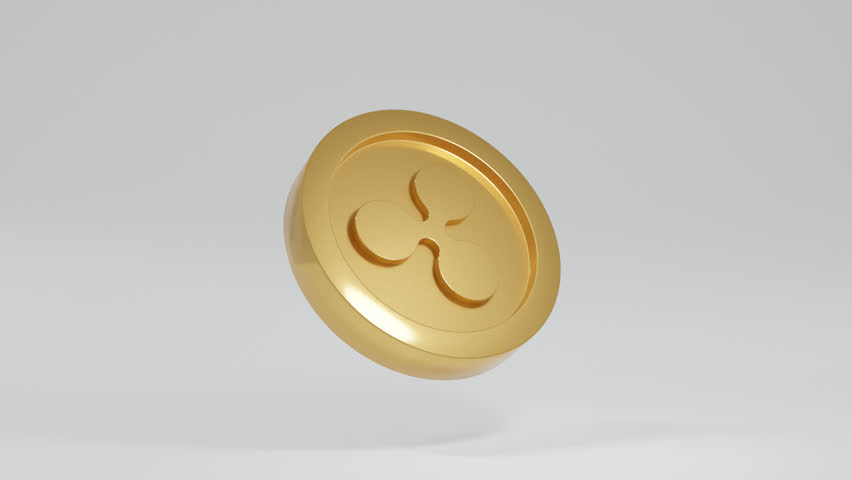 Modern 3d abstract background showing a single golden Ripple coin spinning on clean white surface, minimal digital currency concept animation with futuristic and elegant atmosphere