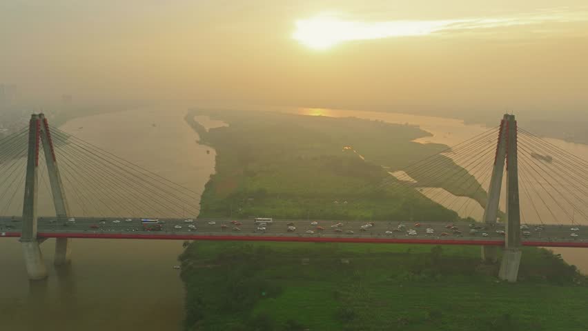 Aerial skyline view of Nhat Tan bridge in Hanoi city, Vietnam.