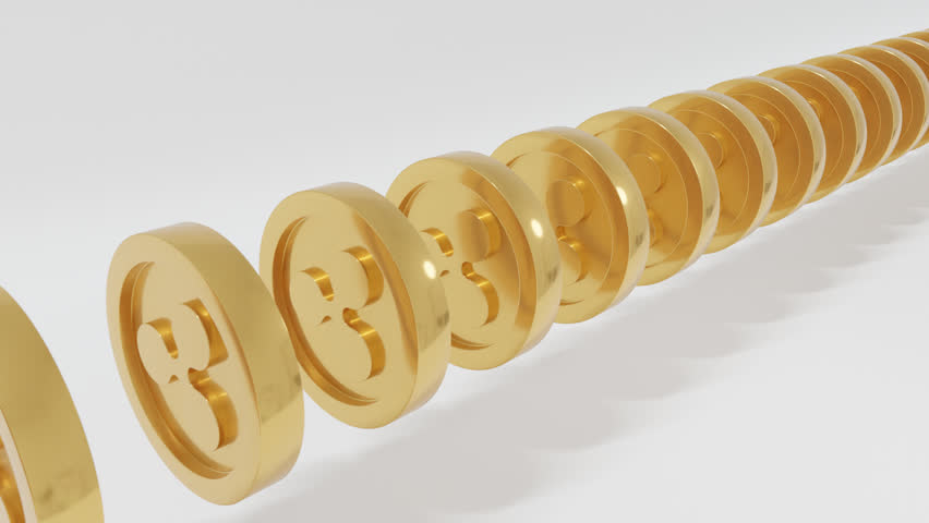 Stylish 3d abstract background with golden Ripple coins aligned in straight line across pure white surface, spinning in rhythmic motion, modern minimal animation with digital aesthetic