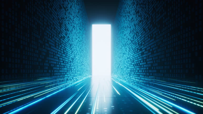 Glowing binary data tunnel background, 3d rendering. Motion Graphic.