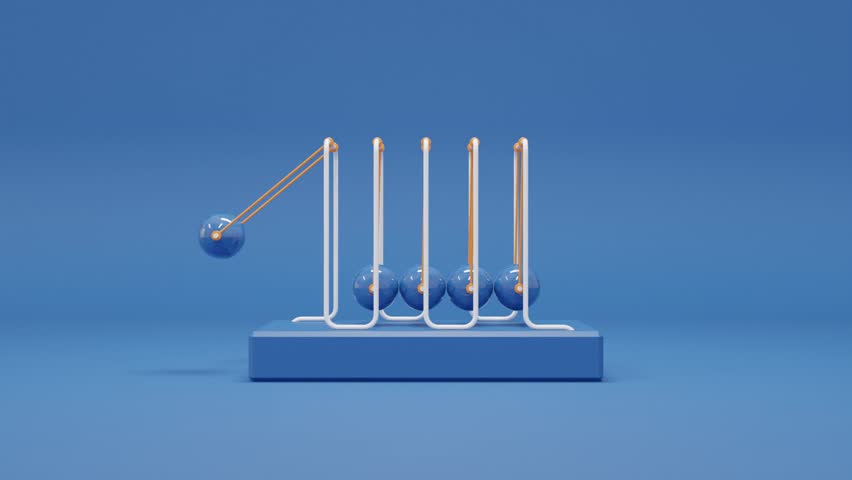 3D abstract background showing a metallic pendulum with five spheres moving rhythmically on a blue backdrop, creating a sense of motion, symmetry, and minimalist kinetic energy