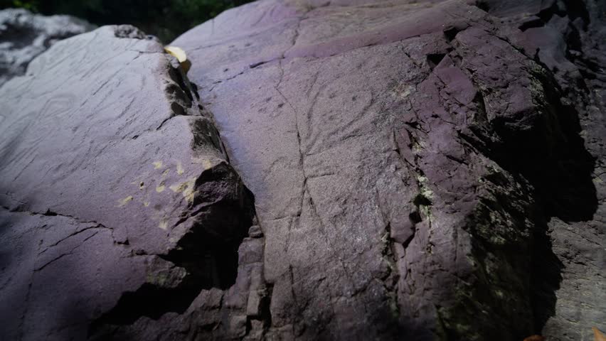 Close-up of ancient Taíno petroglyphs carved into rocks, historic landmark at Sainte-Suzanne near Cap-Haitien, Haiti