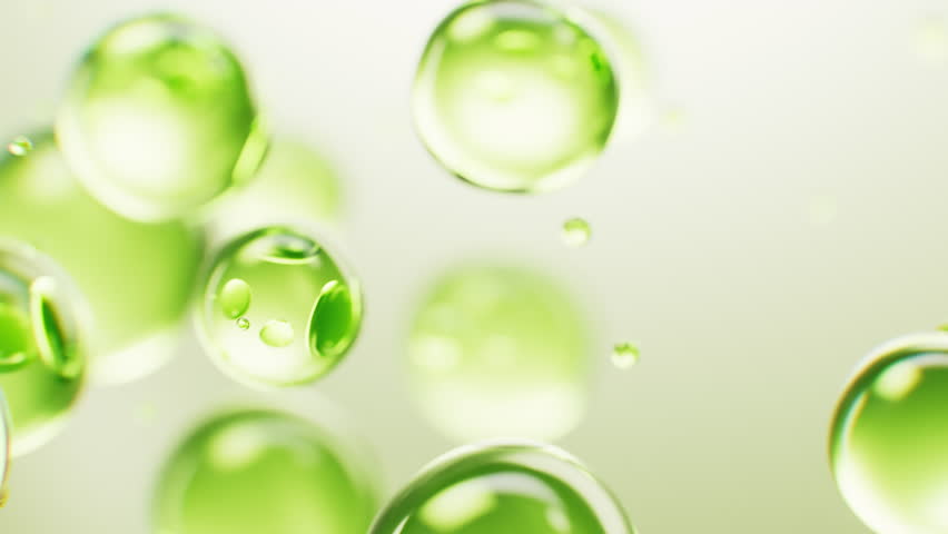 Transparent green liquid bubbles background, 3d rendering. Motion Graphic.