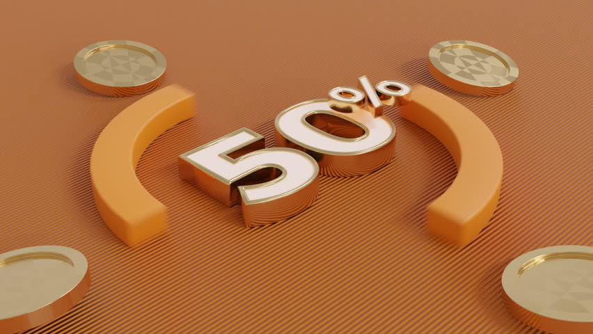 Premium 3D abstract background highlighting golden "50 Percent" typography at core with fluid motion of geometric 3D elements in modern elegant harmony against orange backdrop