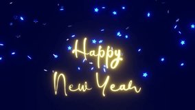 Horizontal 3d Happy New Year lettering loop animation script typography stars electric luminous navy blue butter yellow gold twinkle glow neon light sparkle dark night sky background cosmic wallpaper - Powered by Shutterstock - Get 15% off with code: PIKWIZARD15