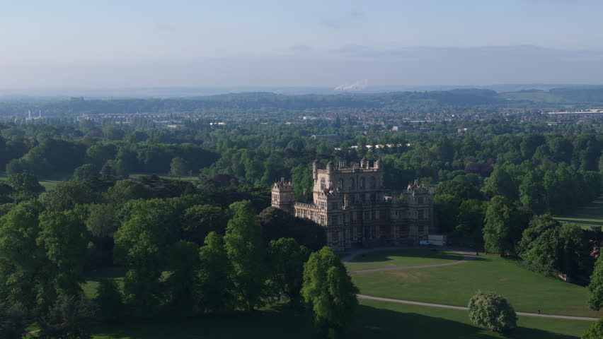 Nottingham, UK, 09-05-2025: Stunning aerial view of Wollaton Hall located in Wollaton Park in Nottingham.