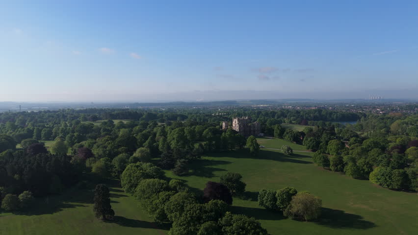 Nottingham, UK, 09-05-2025: Stunning aerial view of Wollaton Hall located in Wollaton Park in Nottingham.
