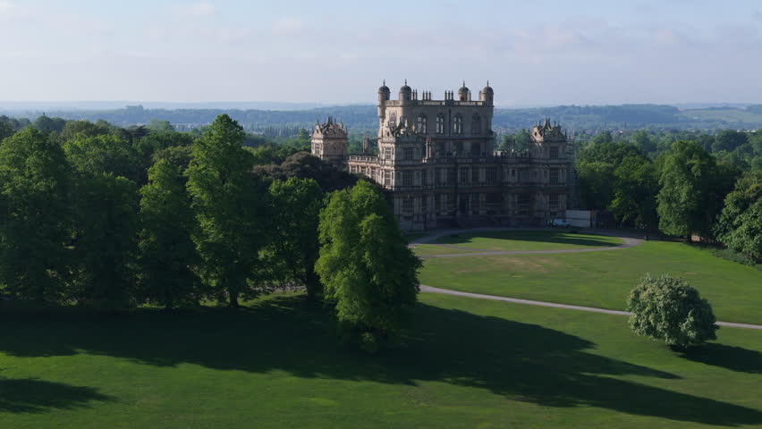 Nottingham, UK, 09-05-2025: Stunning aerial view of Wollaton Hall located in Wollaton Park in Nottingham.