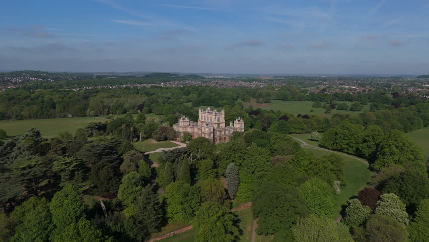 Nottingham, UK, 09-05-2025: Stunning aerial view of Wollaton Hall located in Wollaton Park in Nottingham.