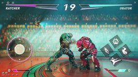 Mobile perspective catches Robot pushing android back with heavy strike. Fighting Fake Video Game Mock Up captures feeling of sports video game battle staged in neon fighting spectacle. - Powered by Shutterstock - Get 15% off with code: PIKWIZARD15