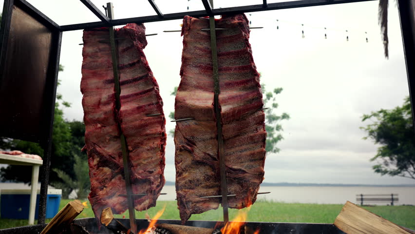 Two large costillares full animal beef ribs roast slowly over wood open flames in a traditional Argentine asado by the river, showcasing simplicity, patience, and respect for food tradition