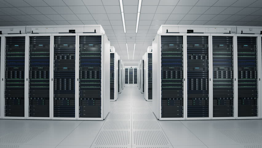 Data Center, AI Supercomputer and Advanced Cloud Computing Concept. Moving through Corridor with White Server Cabinets Inside Large Modern Datacenter. LLM, ML, Artificial Intelligence Training Cluster