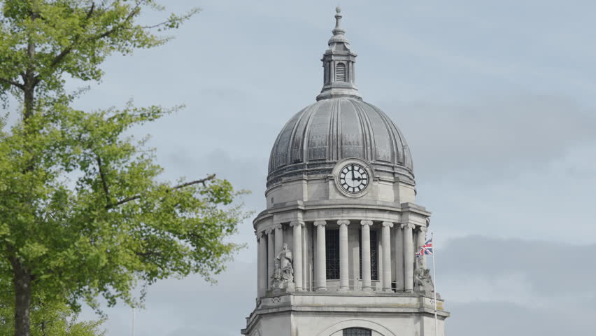 Nottingham, UK, 26-04-2025: Clock tower of Nottingham Council House.