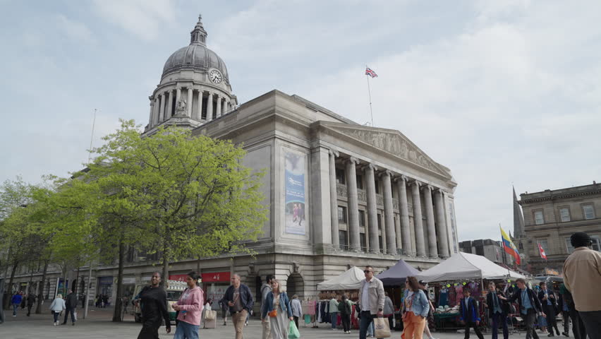 Nottingham, UK, 26-04-2025: Nottingham Council House with market infront of it.