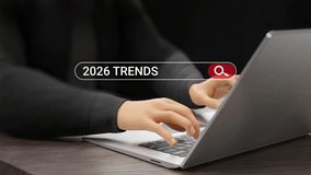 AI, cybersecurity, e-commerce, automation, blockchain, finance, healthcare, remote work, biotechnology, sustainability, data analysis. Businessman searching 2026 trends on virtual screen. 3D video - Powered by Shutterstock - Get 15% off with code: PIKWIZARD15