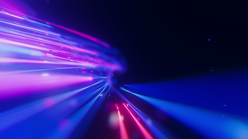 Inside of Big data light speed warped flow. Abstract digital data stream of quantum computing. Cyberspace of qubit trail waves. Modern tech information transmission.