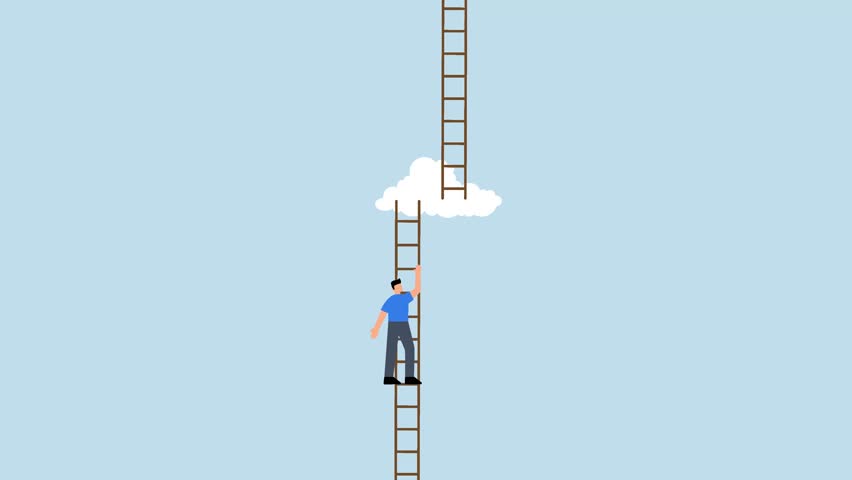 Progress to next level, driven entrepreneur ascending the ladder to cloud heights to achieve the next tier